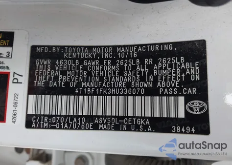 2017 Toyota Camry Xle from USA, damaged, VIN 4T1BF1FK3HU336070